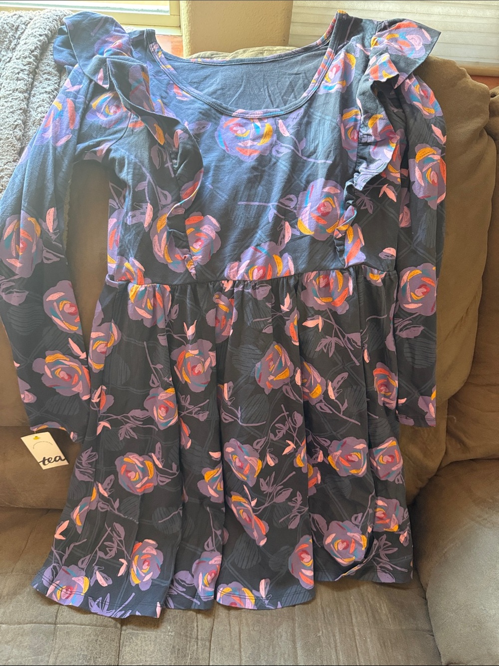 Tea Collection Navy Floral Ruffle-Sleeve Dress with Pink and Orange Blooms